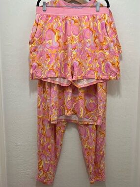 Jambys 3pc Lounge Set Groovy Pink Yellow Swirl Tee Shorts Pants Size XL